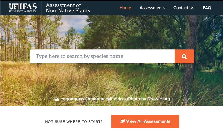 The UF/IFAS Assessment of Nonnative Plants in Florida's Natural Areas homepage where you can look up specific nonnative plants by common or scientific name, view conclusions for all 900+ species, and filter results by zone (north, central, south), type of plant (vines, shrubs, grasses), the assessment tool used, and more (). 