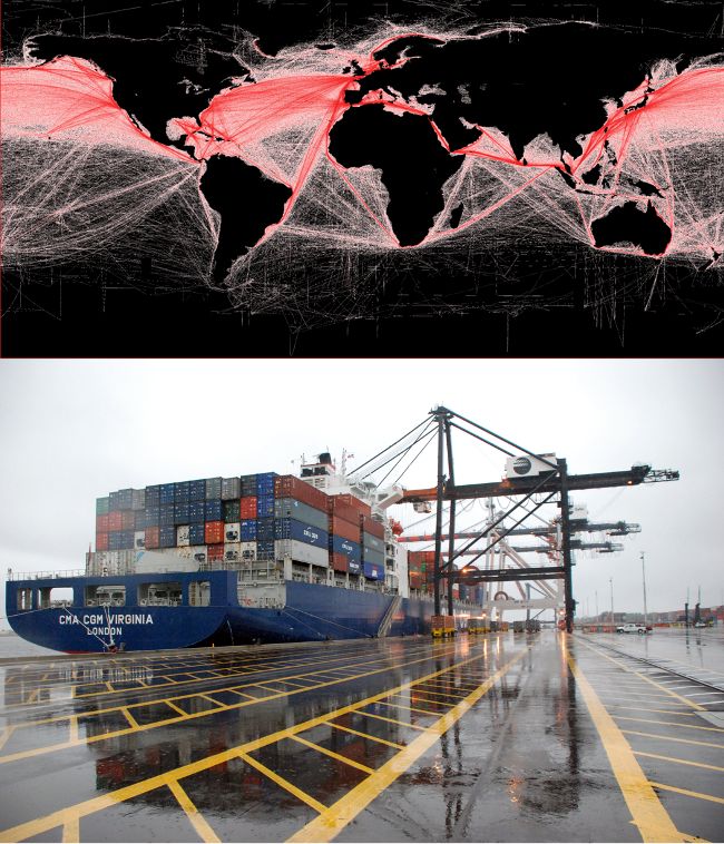 Top: This map of global shipping routes illustrates the interconnectedness of the continents. The darker the color, the more frequent the trip. Bottom: A loaded container ship loaded at JaxPort in Jacksonville, FL, where they received 10.9 million tons of total cargo in 2019. 