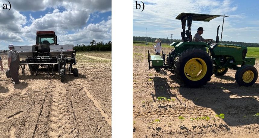 Demonstration of a) subsurface band application and b) broadcasting N fertilizers in row crop production systems. 