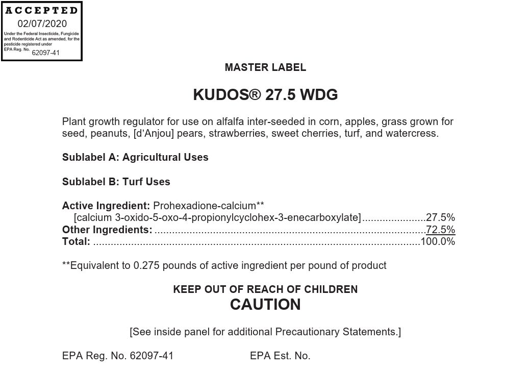 EPA-approved master label for Kudos® 27.5 WDG, a commercial prohexadione calcium product labeled for use on peanuts and other crops.