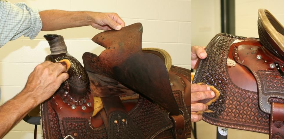 Figure 3. Left: Oiling a saddle's swell, with the front and seat jockeys unbuttoned to facilitate cleaning and oiling. Right: Oiling the skirt, after the saddle has been cleaned and the rear jockeys have been removed to facilitate oiling and cleaning.