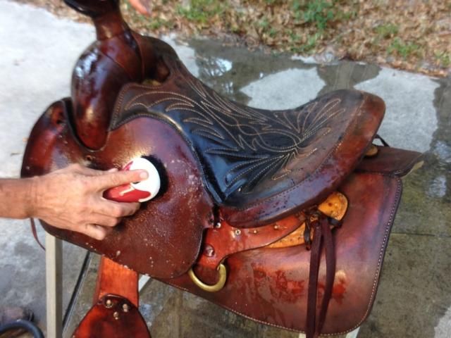 Particularly dirty saddles may be “scrubbed” using saddle soap and water. A good rule of thumb for selecting a brush is to select one with plastic bristles that would be appropriate for cleaning your fingernails.