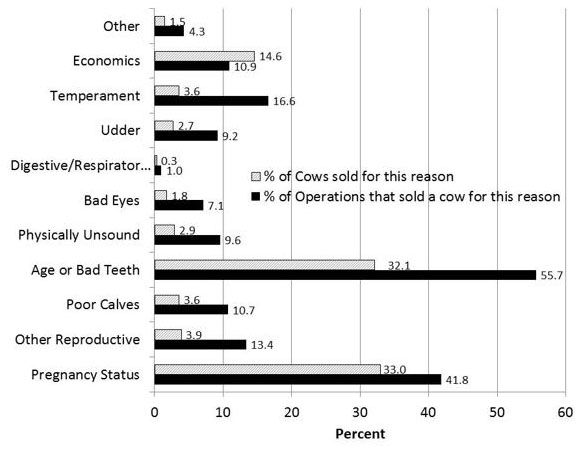 Figure 1. Percentage of cows or operations that culled a cow, by reason.