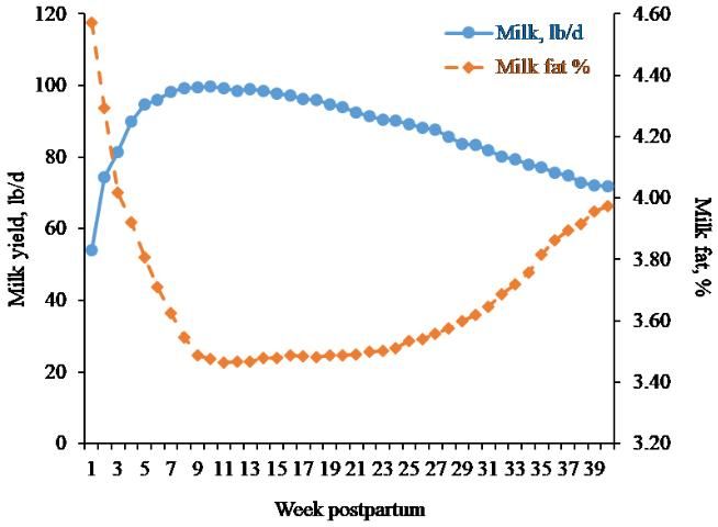 Figure 3. Inverse relationship between milk yield and fat content according to week of lactation in a herd of 5,400 milking Holstein cows with rolling herd average of 28,000 lb of 3.5% fat-corrected milk. Milk was measured daily and concentration of fat in milk was measured once monthly for individual cows.