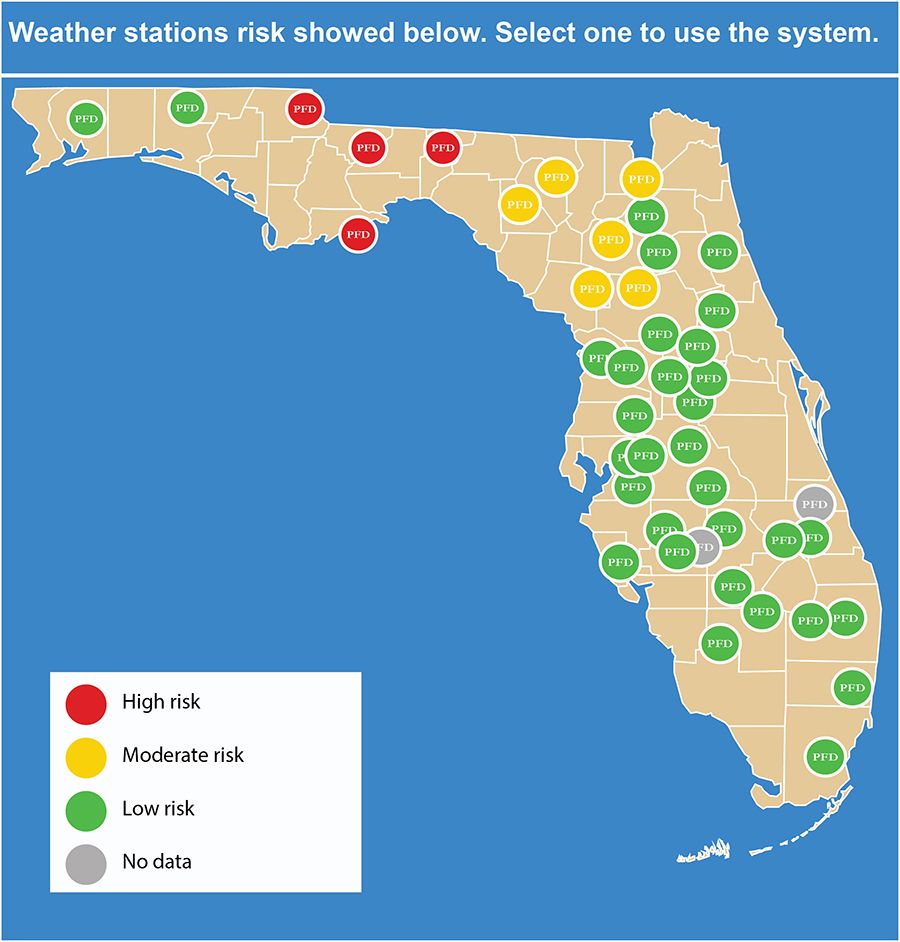 Map marks the locations of weather stations across Florida that indicate risk level of PFD spread: northwestern-most part of the panhandle are at low risk, northwest in the panhandle is high risk, north florida not including the panhandle is at moderate risk, and north-central, central, and south parts of the state have low risk; not including two stations marked with no available data for this trend.