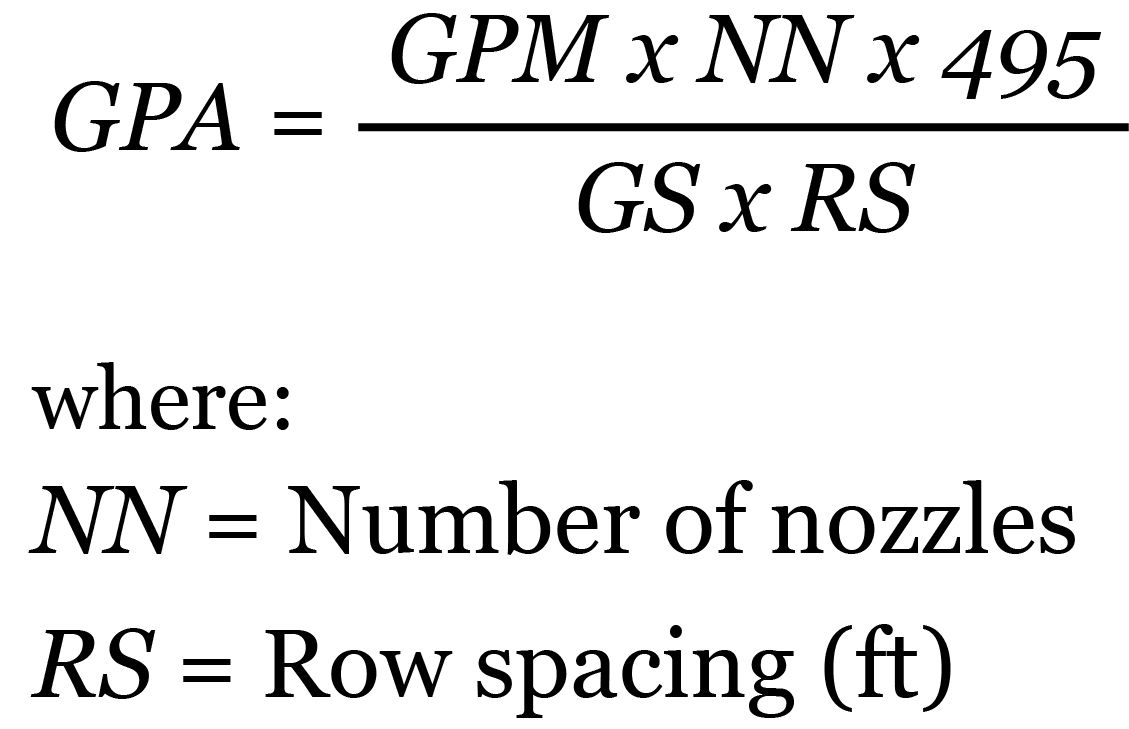 Equation 5. GPA = (GPM x NN x 495)/(GS x RS); where NN is number of nozzles and RS is row spacing (ft).