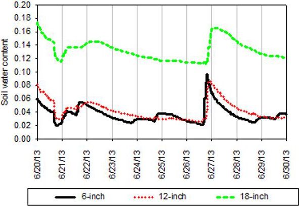 Continuous monitoring of soil moisture at 6-, 12-, and 18-inch depths in the soil by a multilevel capacitance probe installed in the root zone of a mature citrus tree.