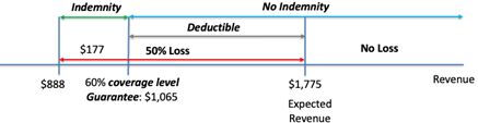 Diagram that demonstrates concepts: indemnity on $177 after $888 of revenue but no indemnity beyond that number; 50% loss at $1775 expected revenue with 60% coverage level guarantee of $1065; deductile marked from $177 above $888 expected revenue through $1775 expected revenue, but no loss after that big number.