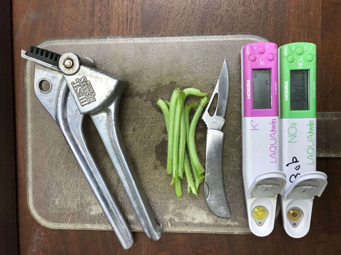 Horiba LAQUA twin meters for Nitrate-N and K with sample.