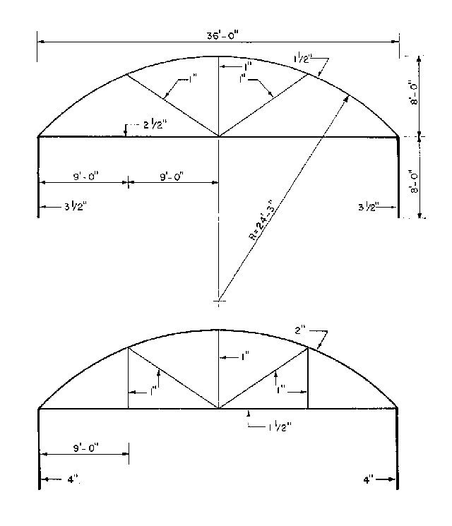 Figure 1. Examples of two trusses constructed of structural steel tubing with 36,000 psi minimum yield stress, based on 6-ft spacing between frames. The upper truss is designed to withstand 95 mph wind loads and the lower truss is designed to withstand 105 mph wind loads. Higher winds are mre prevalent in coastal areas and in south Florida. Designs are based on the AISC Manual of Steel Construction, 8th Edition, American Institute of Steel Construction, Chicago, Illinois, 1980.