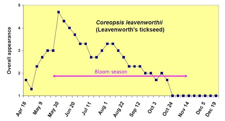 Figure 4. Overall appearance rating (1 = poor to 5 = excellent) of Coreopsis leavenworthii from April 18 to December 19, 2006.