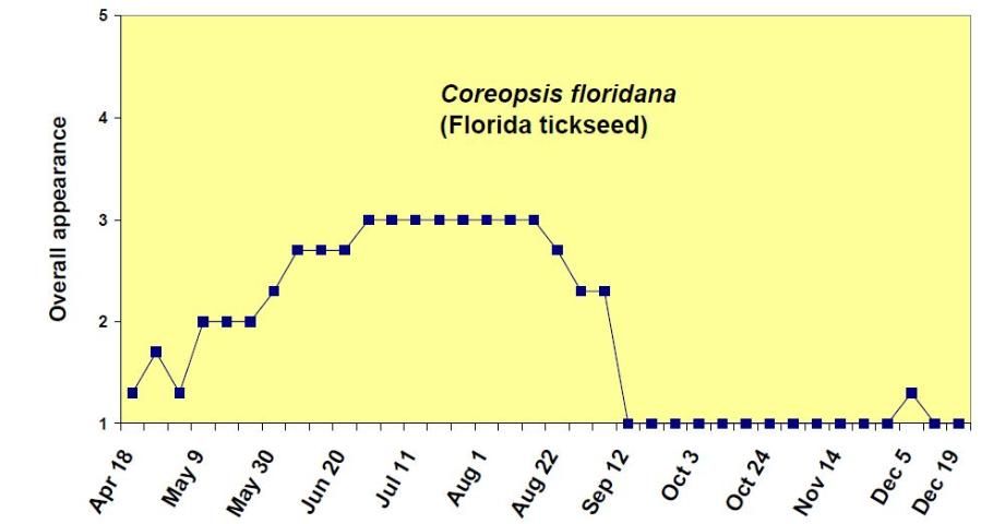 Figure 1. Overall appearance rating (1 = poor to 5 = excellent) of Coreopsis floridana from April 18 to December 19, 2006.