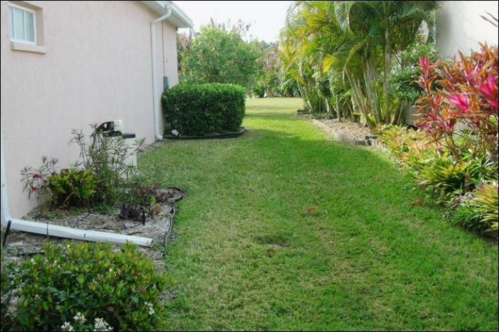Figure 12. BEFORE -- March 2009. A typical side-yard in a traditional development landscape in Osprey, Fla.. The landscape includes a large area of sod and exposed gutters and utilities.