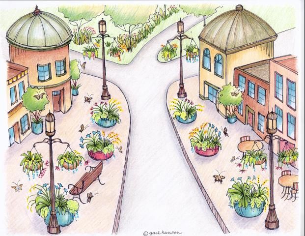 Figure 13. Butterfly bouquets: Larval host trees and plants, with nectar accents, in hanging baskets and containers add interest along the sidewalk of a town center. (Illustration: Gail Hansen)