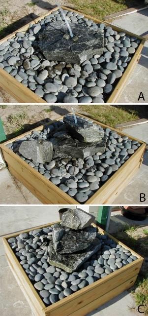 Figure 2. Stacking granite rocks and inserting water tube. A) First level; B) Second level; C) Third level.