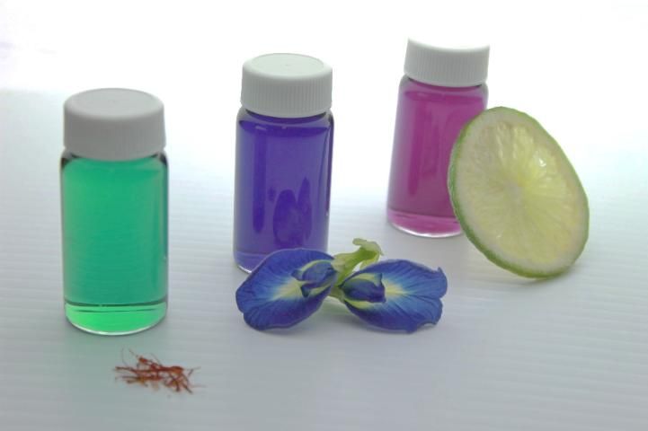 Figure 3. Butterfly pea (Clitoria ternatea) flower extract at normal pH (blue), lowered pH (purple/pink) and raised pH (green).