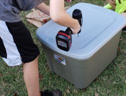 Figure 9. Single worm bin assembly. Step 1: Drill holes in lid and bottom of upper bin.