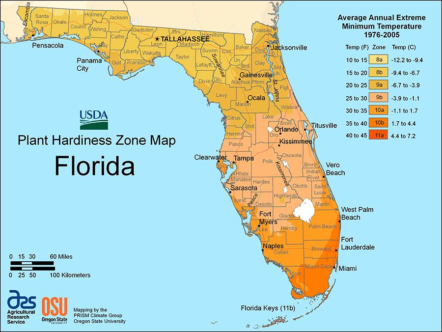 Plant hardiness zones for the state of Florida as of 2012
