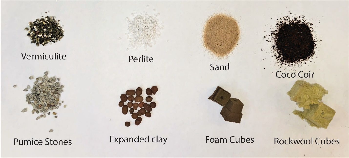 Several of the common media types used in hydroponics systems side-by-side (Top, left to right: vermiculite, perlite, sand, coco coir; Bottom, left to right: pumice stones, expanded clay, foam cubes, rock wool cubes). 