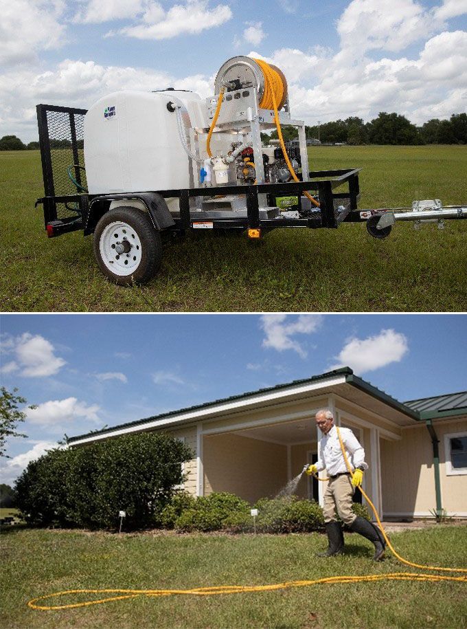 Top image is trailer holding very large plastic container attached to a hose which is stored on a spool. Bottom image is an applicator wearing some PPE while holding the unwound hose and spraying a liquid on plants near a building.