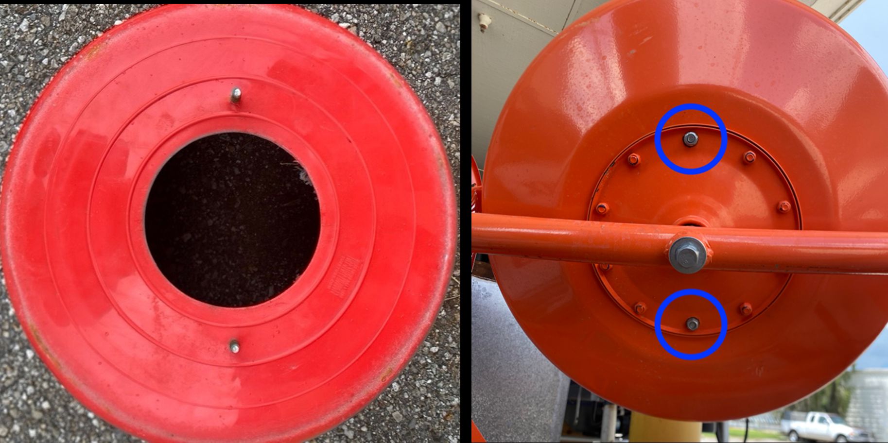 (Left) Bottom of plastic tub with a hole cut at the center, one screw hole at 12 o'clock, and one screw hole at 6 o'clock; (right) cement mixer body showing which screws/bolts will be used, at 12 and 6 o'clock.