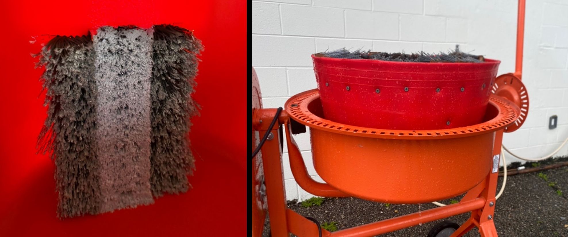 (Left) Three brushes vertically attached inside plastic liner tub with no space between them; (right) mixer body holding plastic liner, which has a line of screws pushed from the outside through to secure the brushes on the inside liner.