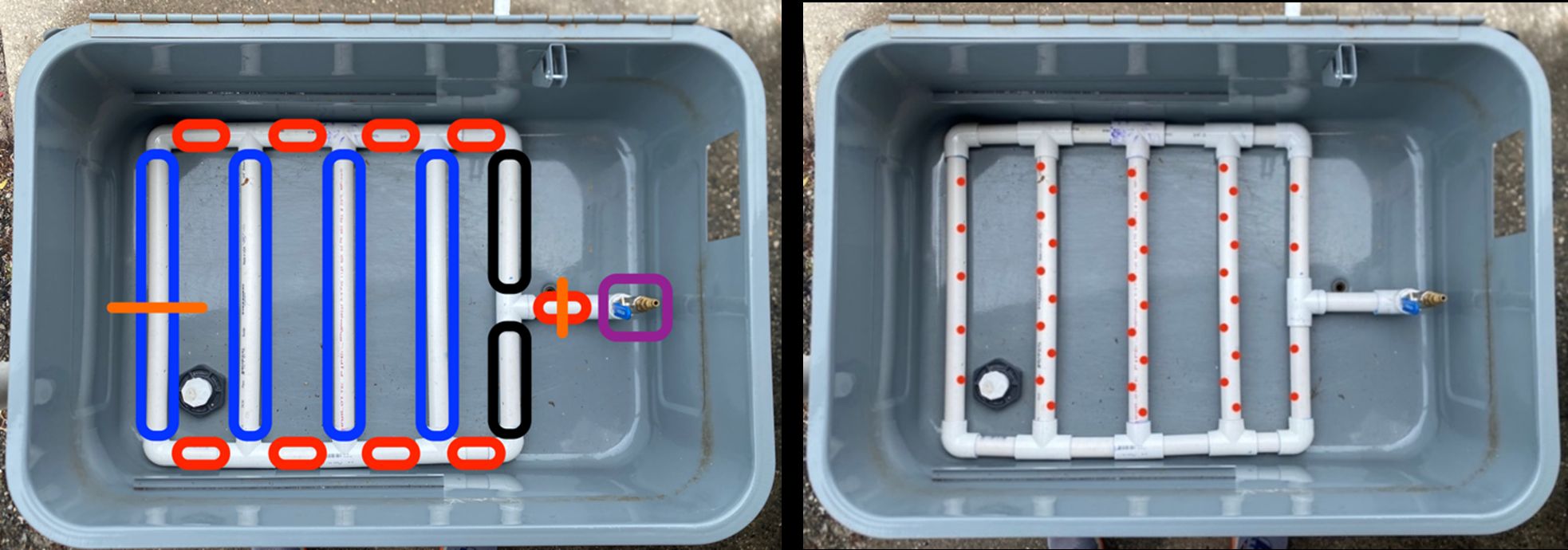 Diagram of pvc pipe frame fitting inside rectangular basin/tub: (left) shows four longer pipes vertically across center, two medium pipes stacked vertically on the right side of the frame, four small horizontal pipes along the top frame, four small horizontal pipers along the bottom frame, on small horizontal between the two medium pipes, and adapter at the right end of frame connected to this small piece; (right) alternating holes indicated along topside of longer vertical center frame pipes.