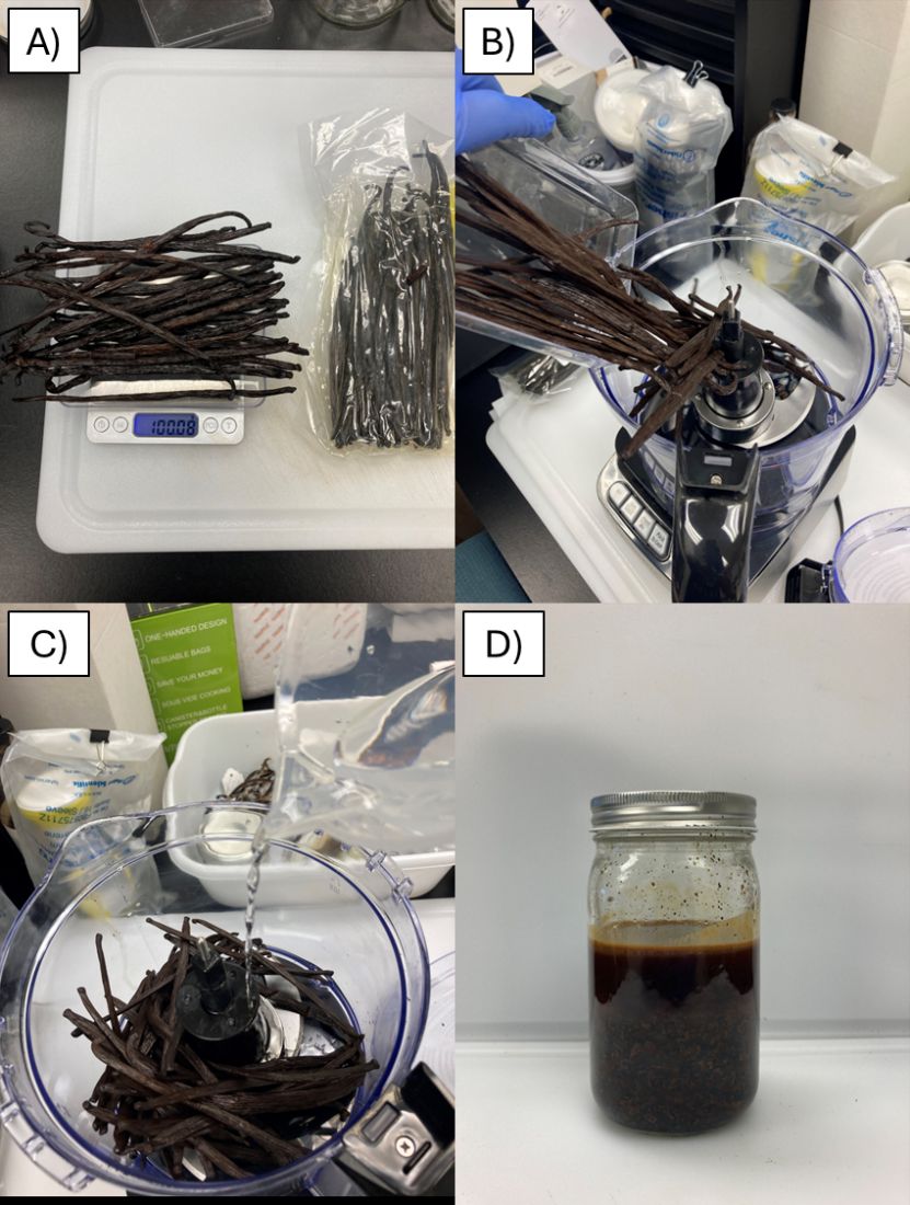 Cuatro pasos de un proceso de extracción: (A) un grupo de cápsulas en una balanza; (B) trituración de las cápsulas en un procesador de alimentos; (C) vertido de etanol en el procesador que contiene las cápsulas; y (D) un frasco de vidrio sellado que contiene la mezcla de cápsulas trituradas y etanol.