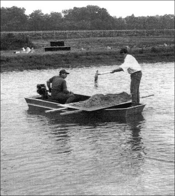 Applying lime to a pond from a boat can be effective, but care must be taken not to overload the boat.