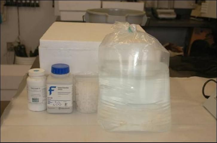 Figure 2. Shipping additives [tricaine methanesulfonate, sodium thiosulfate, salt (NaCl)] and supplies.