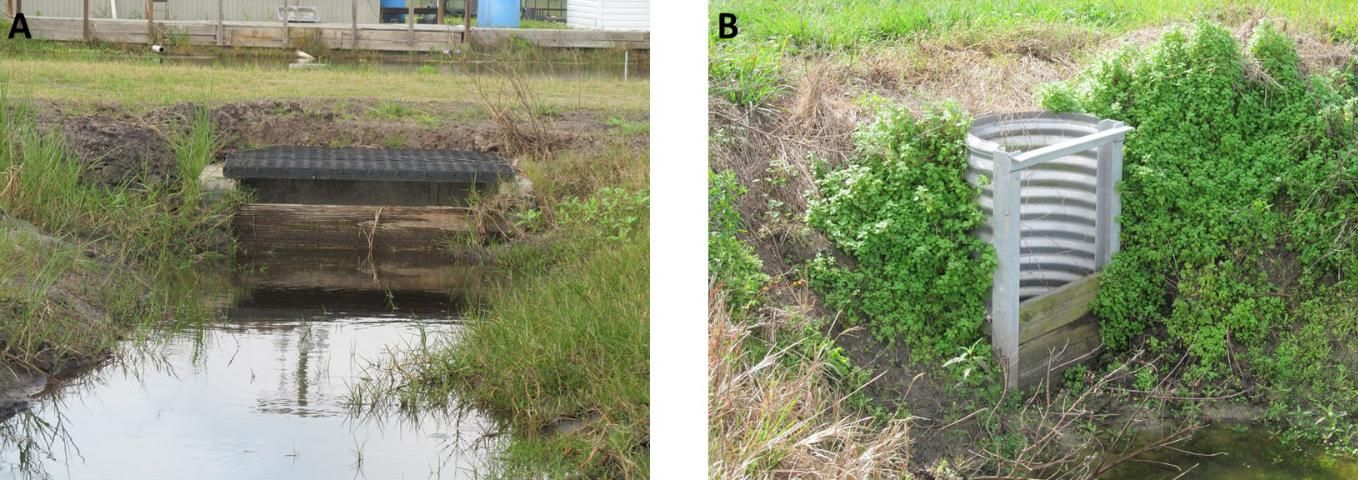 Figure 6. An example of two types of riser-board control structures present on aquaculture facilities in Florida. The image on the left (A) shows a concrete structure with visible riser boards while the image on the right (B) shows a less expensive alternative using galvanized steel pipe.