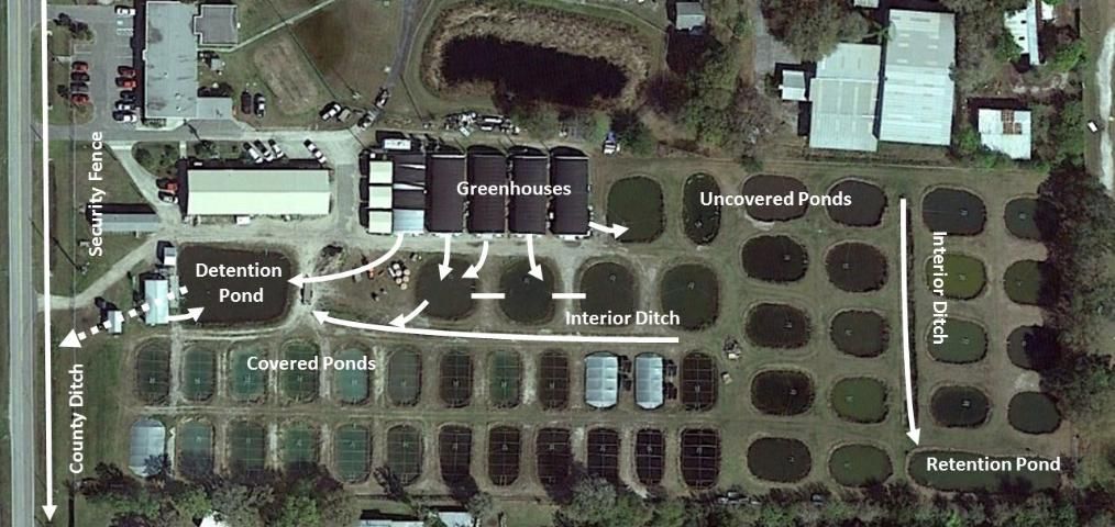 Figure 1. Representative fish farm layout showing several structural barriers used to prevent the release of organisms. Visible structural strategies include covers on ponds, a detention and retention pond, and a security fence surrounding the property. Further, riser-board control structures are found on both interior ditches before they flow to the detention or retention pond. Screening is also present on all vats and aquaria in the greenhouses. Water-flow direction is indicated by arrows.