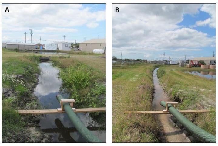Figure 1. Improper (A; 30 feet) and proper (B; over 100 feet) placement of inlet hoses in relation to a control structure (background) during a pond drawdown prior to fish harvest. In image A, the improperly placed hose pumps directly into the pool formed by the control structure in the background.