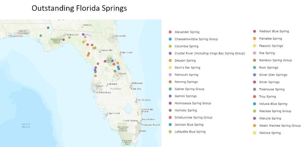 Map of Florida's Outstanding Florida Springs.