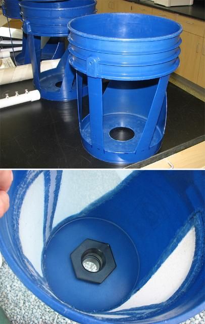 Figure 7. (Top) Five-gallon bucket with openings removed and vertical areas for nylon mesh screen attachment. (Bottom) Egg collector bucket showing attached nylon mesh screen and bulkhead for attachment to discharge pipe within the sump.