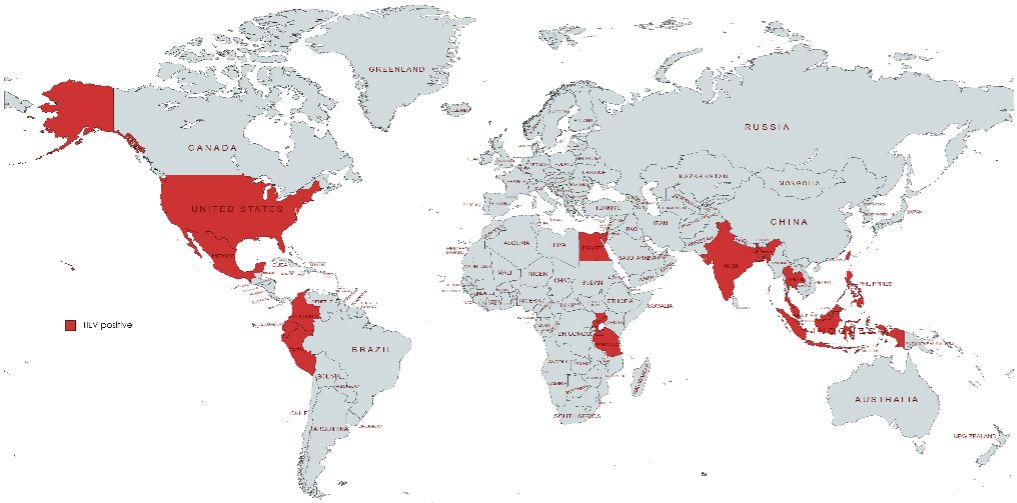Figure 1. The geographical distribution of tilapia lake virus (TiLV) detected in tilapia and hybrid species. Countries indicated in red are regions with reported TiLV cases and the information was gathered from scientific publications or official reports to OIE-World Organisation for Animal Health.