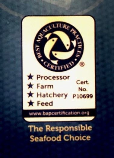 A “4 Star” BAP logo found on commercially available frozen fish. Each star represents a production process that has earned certification, and the certification number is present so that consumers can access additional information on the process, farm, and product.