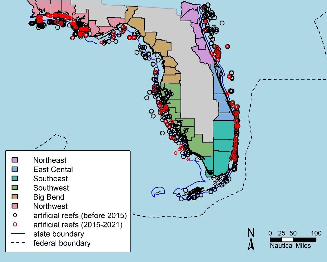 Florida’s artificial reefs, overall and since 2015, by region. The different colored counties show the different regions of the state, and the open circles show artificial reef locations. Black circles show reefs deployed prior to 2015, and red circles show those deployed 2015–2021. The thin blue line shows the outer extent of state waters (9 nautical miles on the Gulf coast and 3 nautical miles on the Atlantic coast), and the dashed line shows the outer extent of federal waters. Note that the symbols for artificial reef are not to scale; they are much larger than the actual reef footprints. Thus, while the figure seems to indicate near continuous coverage of artificial reefs along the Florida coastline, artificial reefs make up an exceedingly small proportion of the ocean floor adjacent to Florida. 