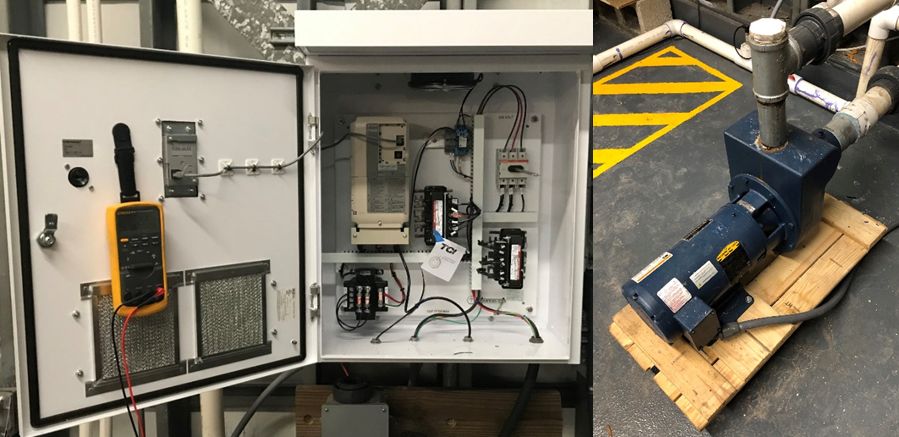 iQPump 1000 variable frequency drive (VFD) and control panel (left) used to operate the main water supply pump (right) at the UF/IFAS Tropical Aquaculture Laboratory. 