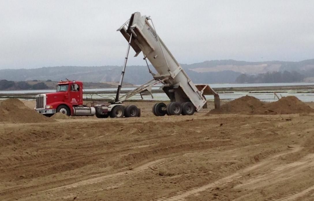 This photo shows a semi truck with an end-dump trailer depositing soil onto a marsh restoration site. No vegetation is visible because the entire marsh area has been covered in soil as part of the restoration effort. Ocean water and hilly terrain are visible in the background.