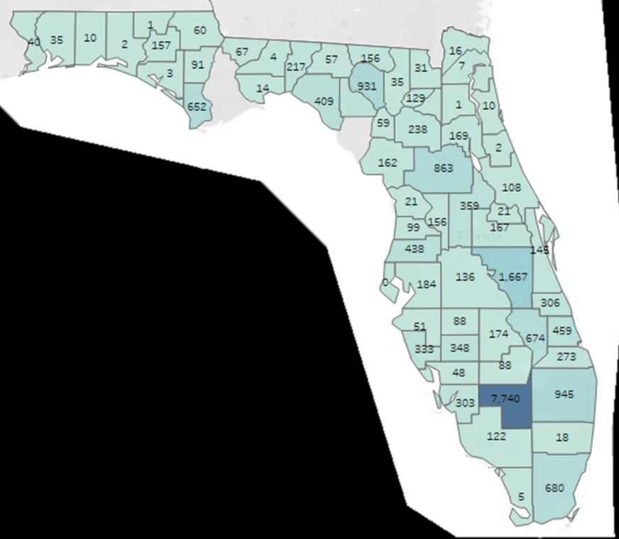 Geographic distribution of licensed hemp growers in Florida in 2020.