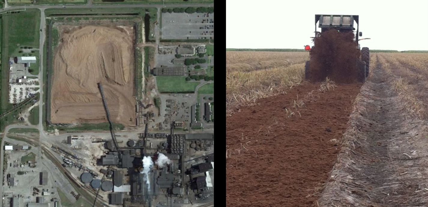 Left: Pile of bagasse being generated at the U.S. Sugar processing plant in Clewiston, FL. Right: Application of bagasse on mineral soils where sugarcane is grown. 