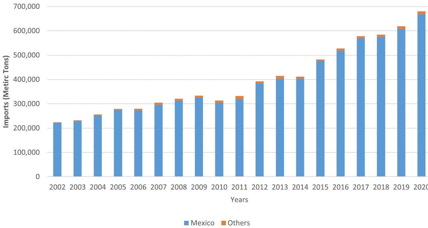 US fresh Tahiti lime annual imports 2002–2020 (metric tons).