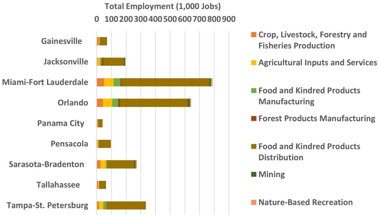 Total employment contributions of agriculture, natural resources, and food industries in Florida regions in 2019. Estimates include regional multiplier effects. 