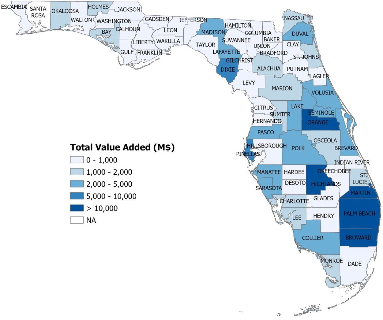 Map of value-added (GSP) contributions by agriculture, natural resources, and food industries in Florida counties in 2019. Values are expressed in millions of dollars and include regional multiplier effects. 