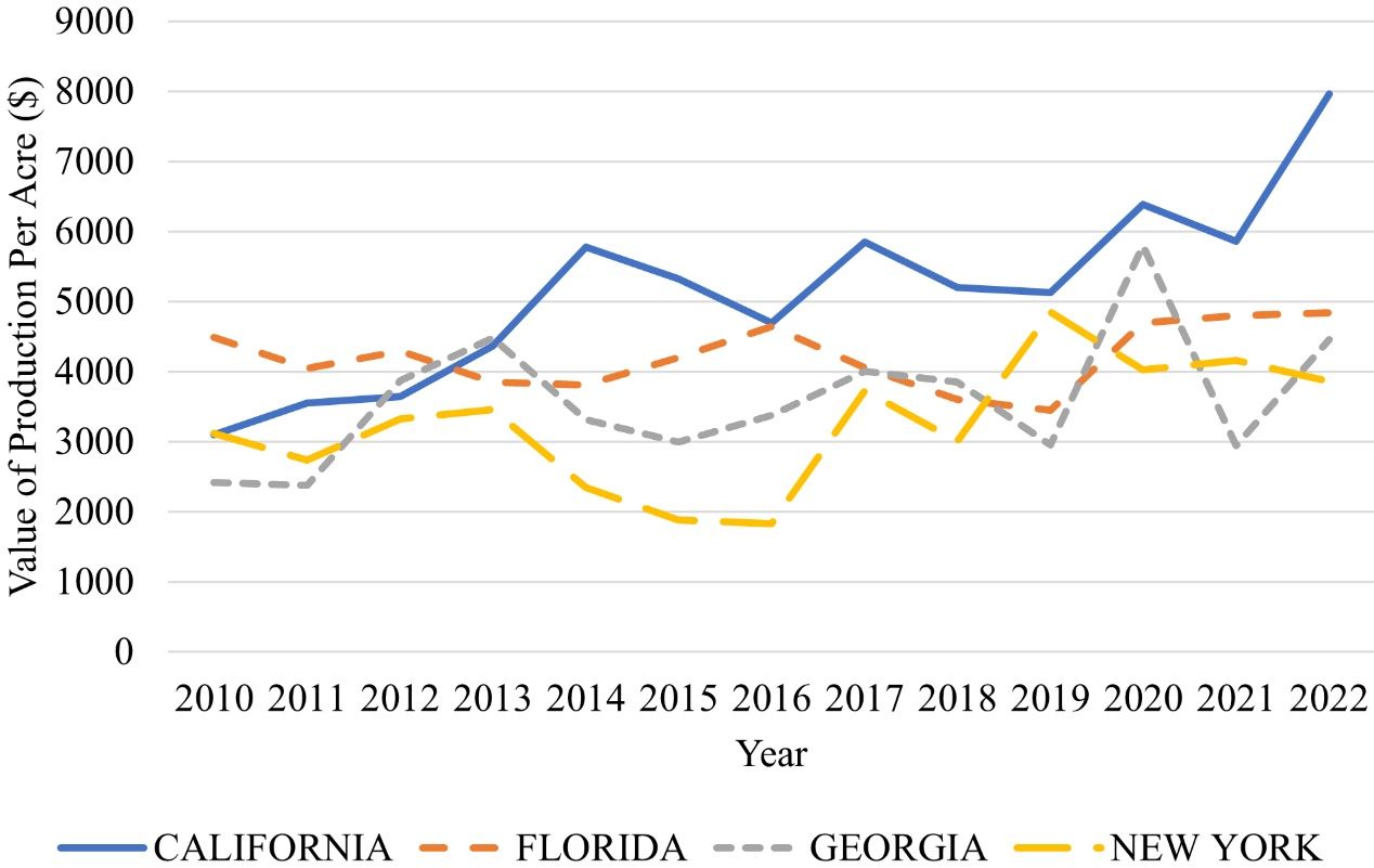 Fresh market sweet corn value of production per acre from 2010 to 2022.