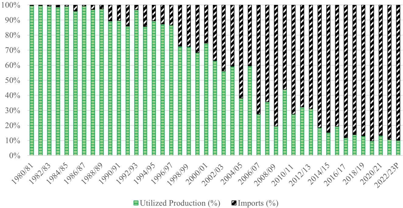 Share of domestic production and foreign supply in US avocado total supply (1980–2023). 