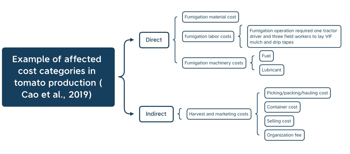 Example of affected cost categories in tomato production adapted from Cao et al. (2019). Direct costs include the cost of fumigation materials, fumigation labor costs, and fumigation machinery costs. Indirect costs include harvest and marketing costs. 