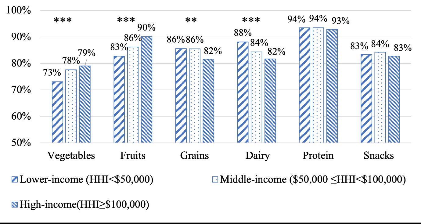 Bar chart comparing food consumption percentages by income group for categories: Vegetables, Fruits, Grains, Dairy, Protein, Snacks.