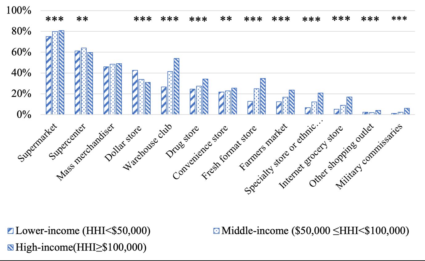 Bar graph displaying the percentage of different income groups that shop at various store types by income level (lower, under $50,000; middle, $50,000 to $100,000; and high, over $100,000).